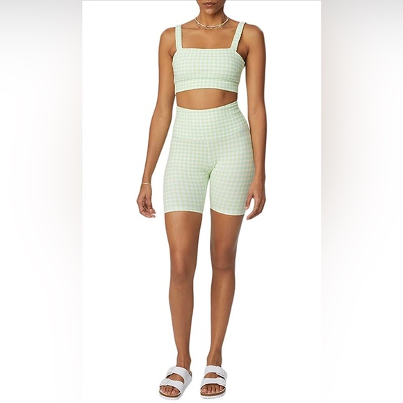 NWT Bandier x Sincerely Jules The Bryn 7" Biker Lifestyle Short Green Gingham - Picture 9 of 14